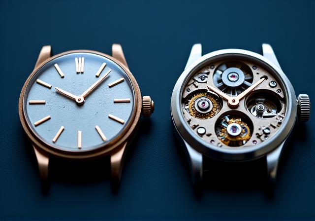 Vergelijking naast elkaar van een quartz uurwerk en een automatisch mechanisch uurwerk